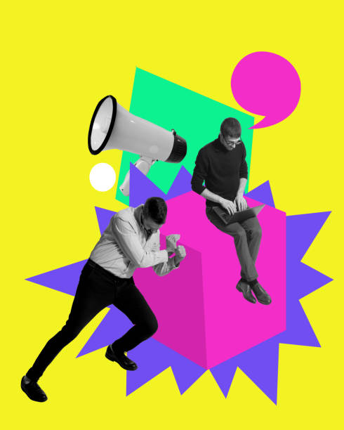 istock Young man sitting on block and working on laptop, while other man pushing this block. Contemporary art collage. Creating message to reach target audience. 2149947667