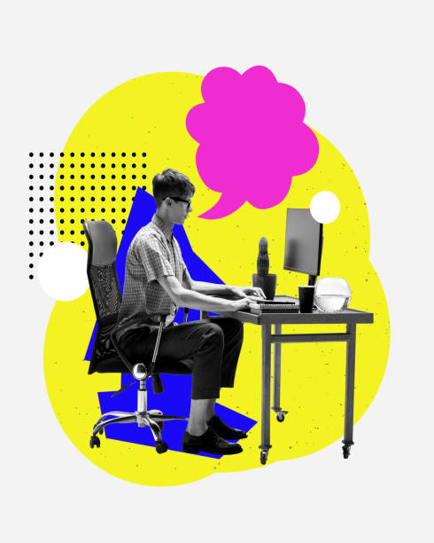istock Young man sitting at table and working on computer. Contemporary art collage. Marketer, PR specialist developing strategic message for the target audience 2149947669