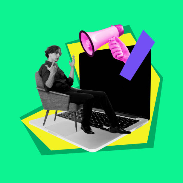 istock Man sitting and gesturing over laptop and megaphone. Contemporary art collage. Effective communication and strategy for achieving goals 2149947670