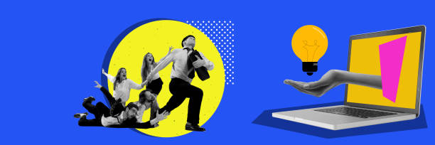 istock Man running towards a lightbulb within a laptop, while people are falling down behind him. Contemporary art collage. Competitive industry, run for innovations 2149947674