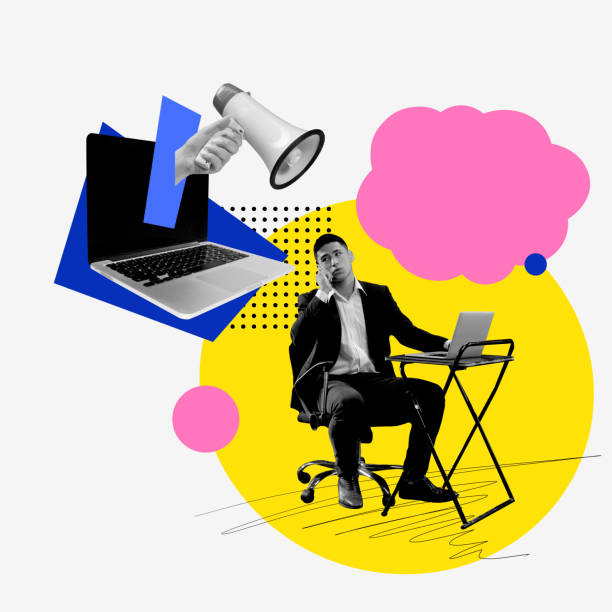 istock Young man working on a laptop while talking on the phone with a megaphone sticking out the screen. Contemporary art collage. Direct and targeted communication 2149947682
