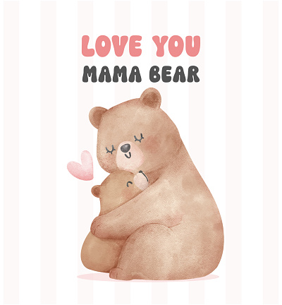 Heartwarming Mothers Day Bear Mom and Baby Cub hugging Adorable watercolor illustration.