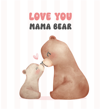 Heartwarming Mothers Day Bear Mom and Baby Cub nose to nose Adorable watercolor illustration.