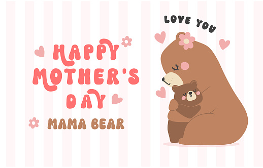 Heartwarming Mothers Day Bear Mom hug Baby Cub Adorable Greeting Card bnner Illustration.