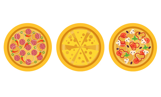 Hot and Round Tasty Pizza Top View Vector Set. Baked Savory Dish Topped with Sliced Tomatoes and Wurst Concept
