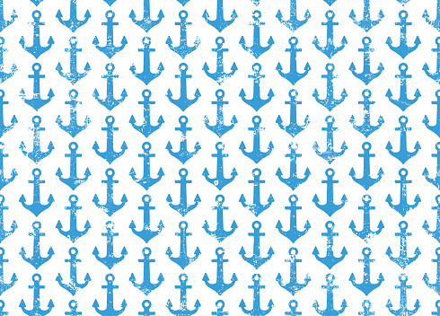 Seamless pattern with boat anchors isolated on a white background. Nautical theme, marine style grunge, distressed decoupage background.
