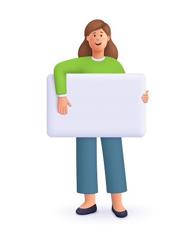 Young smiling woman holding empty placard or banner. 3d vector people character illustration.Cartoon minimal style.