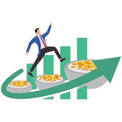Businessman jumping from stack of gold coins in small bowl to stack of gold coins in big bowl, salary increase for job promotion, business profit improvement and increase, self-improvement and progress