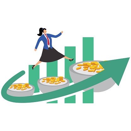 Businesswoman jumping from stack of gold coins in small bowl to stack of gold coins in big bowl, salary increase for job promotion, business profit improvement and increase, self-improvement and progress