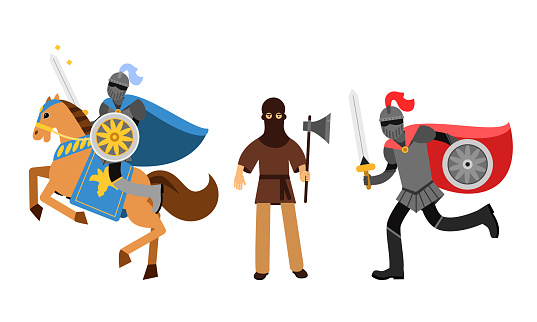 Medieval People Characters with Armored Knight on Horse and Executor with Axe Vector Illustration Set. Ancient Citizens from Middle Ages Concept