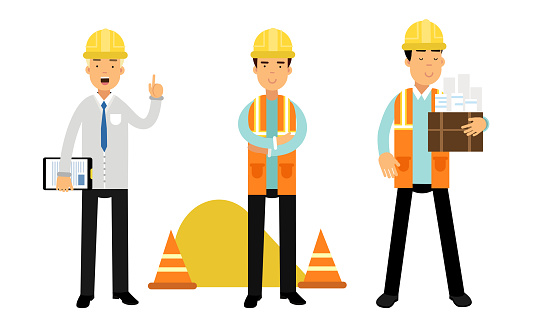 Foreman or Architect in Yellow Hard Hat Holding Draft and Controlling Site Work Vector Illustration Set. Young Man Engaged in Construction Engineering Sector