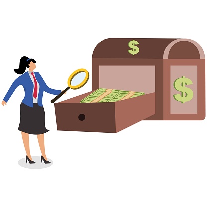 Businesswoman holding magnifying glass and looking at small bills inside big bill drawer, financial insurance and security, financial business concept illustration