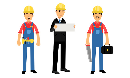 Young Man Constructor in Yellow Hard Hat and Blue Overall Holding Saw and Other Tools Vector Illustration Set. Male Working in Construction Engineering Sector