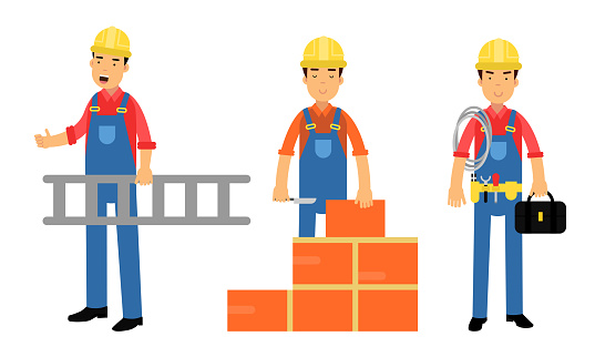 Young Man Constructor in Yellow Hard Hat and Blue Overall Carrying Ladder and Laying Bricks Vector Illustration Set. Male Working in Construction Engineering Sector