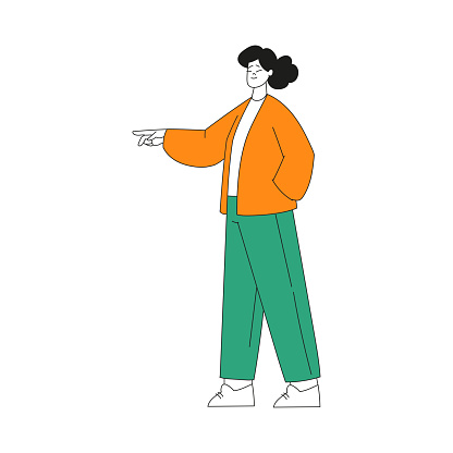Woman Character Indicating Something Pointing with Index Finger as Hand Gesture Specifying Direction Vector Illustration. Young Female Showing and Noting Something