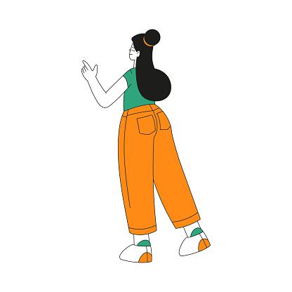 Woman Character Indicating Something Pointing with Index Finger as Hand Gesture Specifying Direction Vector Illustration. Young Female Showing and Noting Something