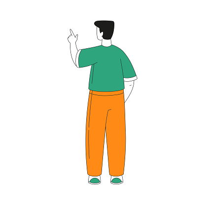 Man Character Indicating Something Pointing with Index Finger as Hand Gesture Specifying Direction Vector Illustration. Young Male Showing and Noting Something