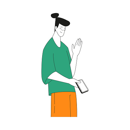 Smiling Man Character with Smartphone Waving Hand as Positive Hand Gesture Vector Illustration. Young Male Expressing Attitude with Body Language