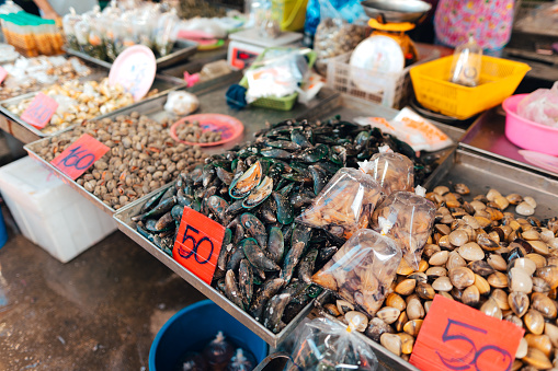 Fresh seafood for sale in local markets near the sea.