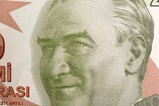 Mustafa Kemal Pasha a closeup portrait from Turkish money - lira