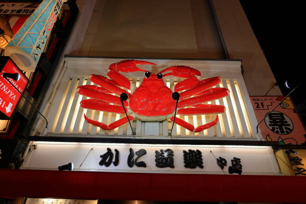 Osaka, Japan- February 13th, 2024: Night view with neon signs and illuminated billboards in Dotonbori, Chuo Ward, Osaka, Japan