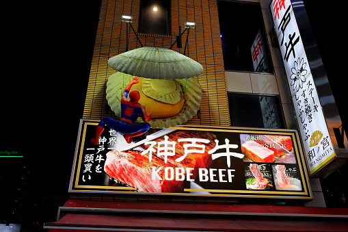 Osaka, Japan- February 13th, 2024: Night view with neon signs and illuminated billboards in Dotonbori, Chuo Ward, Osaka, Japan