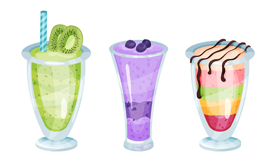 Desserts Served in Glass with Fruits Vector Set. Portion of Sweet Course with Layers Concept