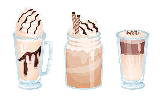 Desserts Served in Glass with Chocolate and Whipped Cream Vector Set. Portion of Sweet Course with Layers Concept