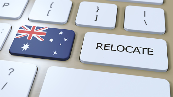 Australia Relocation Business Concept. 3D Illustration. Country Flag with Text Relocate on Button.