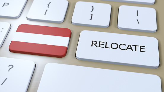 Austria Relocation Business Concept. 3D Illustration. Country Flag with Text Relocate on Button.