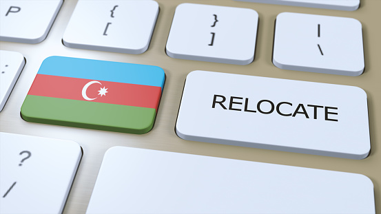 Azerbaijan Relocation Business Concept. 3D Illustration. Country Flag with Text Relocate on Button.