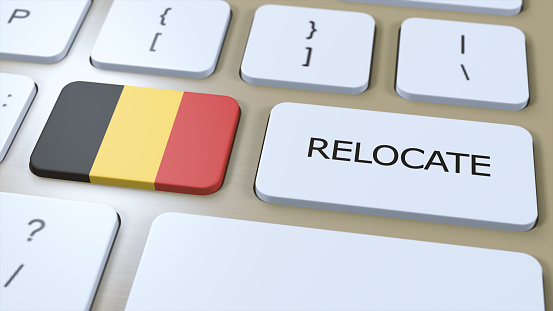 Belgium Relocation Business Concept. 3D Illustration. Country Flag with Text Relocate on Button.