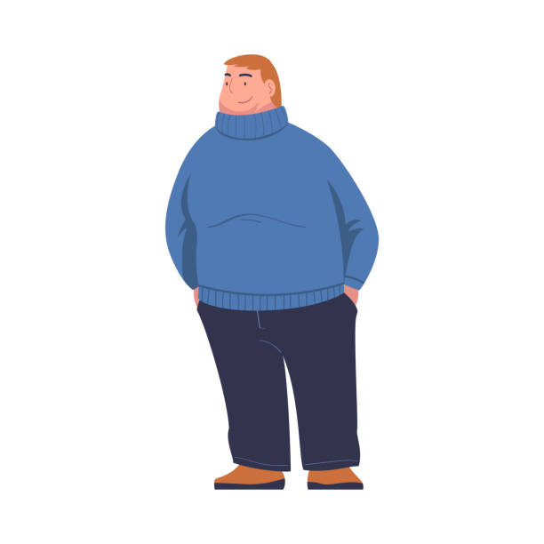 Full Man Character with Plump Body in Blue Sweater Standing and Smiling Vector Illustration Full Man Character with Plump Body in Blue Sweater Standing and Smiling Vector Illustration. Happy Chubby Male with Pudgy Figure chunky sweater stock illustrations