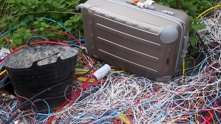 Electrical cable, a suitcase and a builder's true illegally fly tipped on the side of an English road