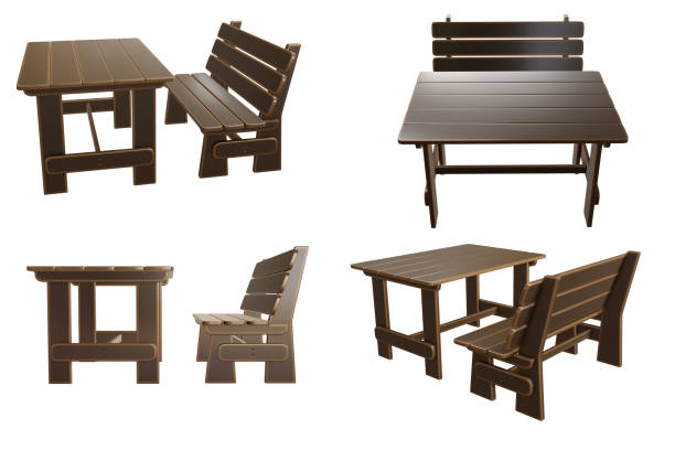 Models of wooden garden table and bench. Various perspectives. 3D render.