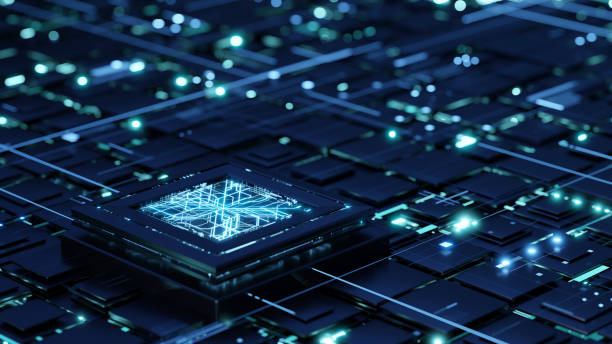 istock Futuristic central processor unit on the abstract motherboard with blue lights and rays as symbol of data transfers. Quantum computing. 2149955439