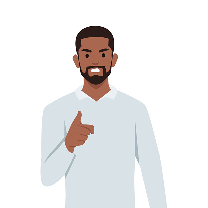 Young black man angry and pointing his finger at you. Expresses negative emotions and feelings. Flat vector illustration isolated on white background