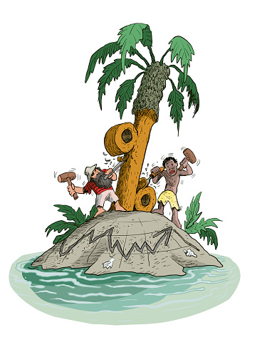 Vector Robinson Crusoe and his sidekick carve the tree into a percent sign and draw a diagram on the beach