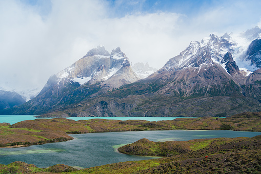 Beautiful landscape view of Lago NordenskjÃ¶ld lake in Torres del Paine park in Chilean Patagonia