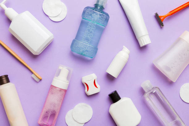 istock Mockup for bathing products top view flat lay, spa razor, toothpaste, soap, gel and other various accessories. Cosmetics for skin health. Bath Mockup for your logo 2149956704