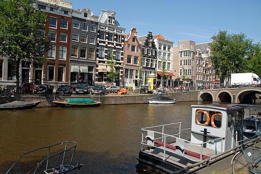 Holland, Netherlands - August 22, 2007: Canals, boats and old houses in the city of Amsterdam