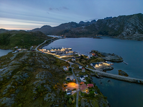 This quiet Nordic village is captured in the soft light of twilight, sandwiched between tough hills and a still bay. The streetlights flicker on, providing a warm contrast to the night's cool blue tones. Houses dot the landscape, surrounded by untamed nature. A gentle road snakes through, drawing the eye to the bright spots along the waterfront, hinting at a lively gathering place or harbor. Far-off mountains stand tall under the dimming sky, framing the village's isolated and serene location.