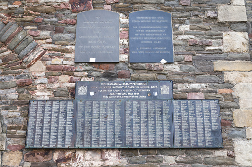 Bristol, England- March 29, 2024: Listo of civilians who lost their lives in St. Peter's Church in Castle Park, Bristol