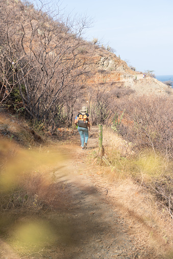 A single hiker climbs a dusty trail surrounded by dry brush and cacti, with a clear blue sky above.