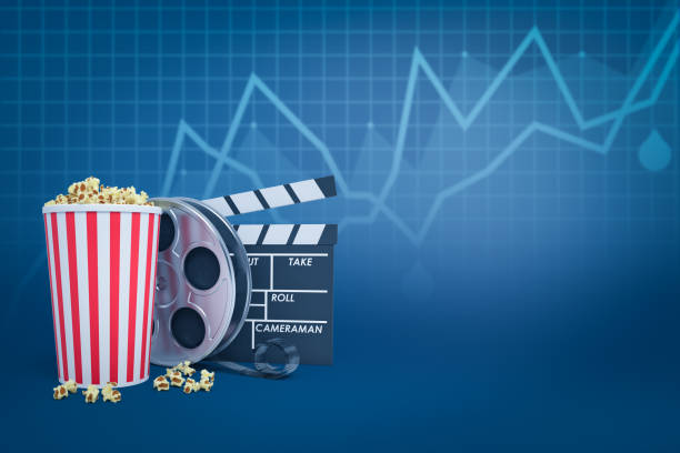 3d-rendering von popcorneimer, filmrolle und klappe vor blauem hintergrund mit liniendiagrammen und etwas textplatz. - filmklappe grafiken stock-fotos und bilder