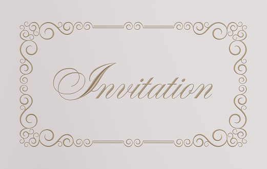 Decorative rectangular framework and calligraphic lettering Invitation. Invitation card. Golden metallic material. 3D render.