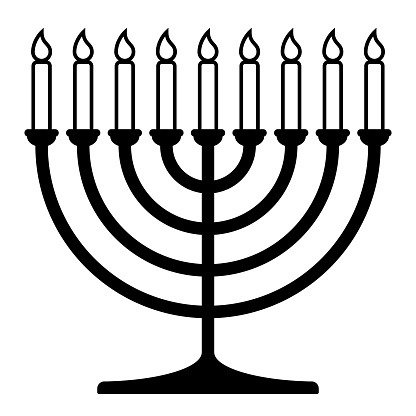 Hanukkah menorah, black and white vector silhouette illustration of hanukkiah nine-branched candelabrum with candles shape, isolated on white background