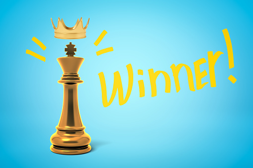3d rendering of shiny golden chess king with crown in air above it on light blue background with title \