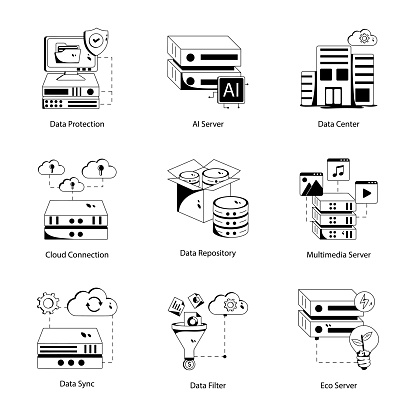 Showcase the means of modern storage operations with our animated data center icons Featuring sleek designs of web hosting, databases, cloud services and virtual servers, thai collection is your go-to toolkit for all things data-related.