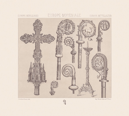 European Middle Ages, Church utensils and bishop's staffs, top row: Gothic processional cross made of gilded silver, 15th century, from the former Dominican monastery of Elvas in Spain (left); Bishop's staffs, 13th to 15th century, Hildesheim Cathedral (2x, center); Bishop's crosier curvature from Trier Cathedral. Found in the grave of Archbishop Egilbert of Trier (? - 1101). Made of gilded copper decorated with champleve enamel and small gemstones. The Annunciation to Mary and the angel can be seen within the curvature (snail). Animal figures carved into the pommel. Center: Bishop's staff from the Trier Cathedral, 12th Century. Below: Bishop's staffs, 13th to 15th century, Hildesheim Cathedral (3x); Silver altar candlestick from Hildesheim, 12th century (second from right). Chromolithograph from the book 